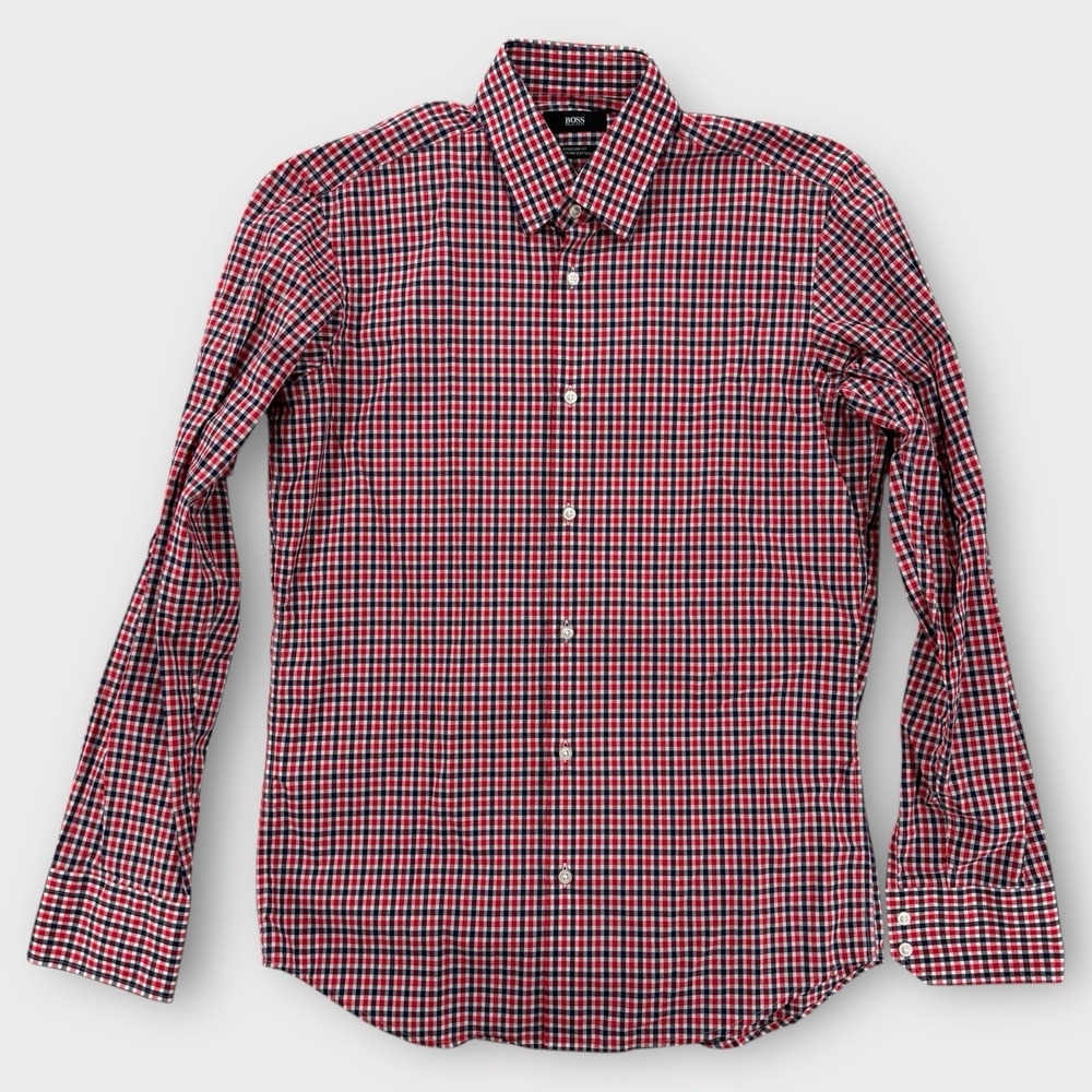 BOSS Hugo Boss Mens 15 38 Regular Fit Plaid Red Blue Egyptian Cotton Shirt Italy
